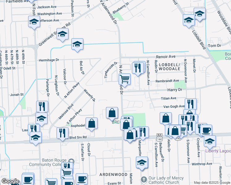 map of restaurants, bars, coffee shops, grocery stores, and more near 6112 Villa Ashley Drive in Baton Rouge