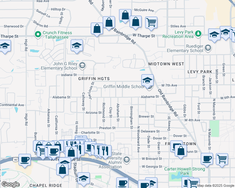 map of restaurants, bars, coffee shops, grocery stores, and more near 1305 Clay Street in Tallahassee