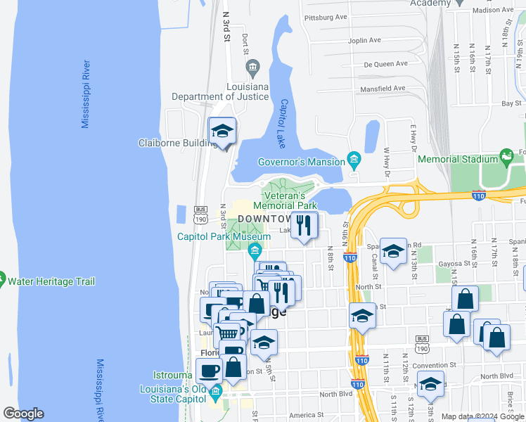 map of restaurants, bars, coffee shops, grocery stores, and more near State Capitol Drive in Baton Rouge