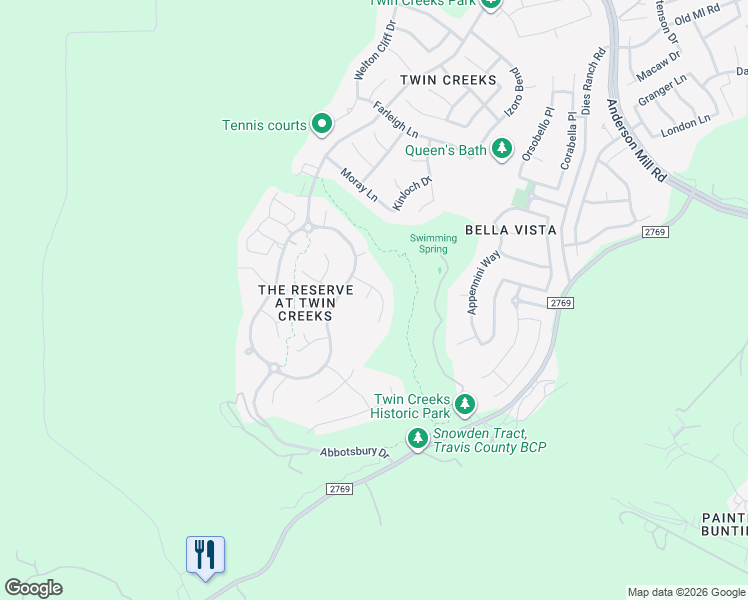 map of restaurants, bars, coffee shops, grocery stores, and more near 3107 Millstream Drive in Cedar Park