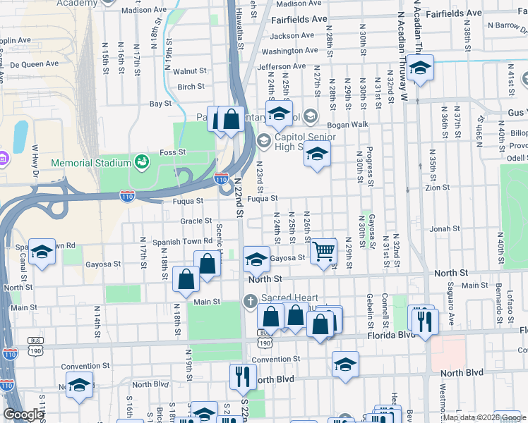 map of restaurants, bars, coffee shops, grocery stores, and more near 835 North 24th Street in Baton Rouge