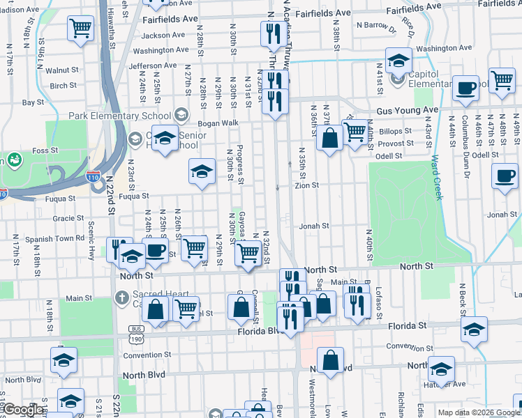 map of restaurants, bars, coffee shops, grocery stores, and more near 784 North 32nd Street in Baton Rouge