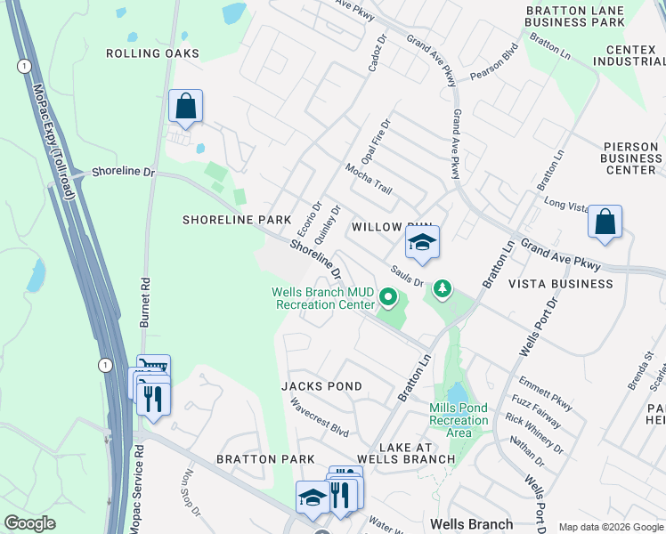 map of restaurants, bars, coffee shops, grocery stores, and more near 3501 Shoreline Drive in Austin