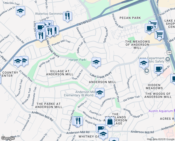 map of restaurants, bars, coffee shops, grocery stores, and more near Lake Creek Parkway in Austin