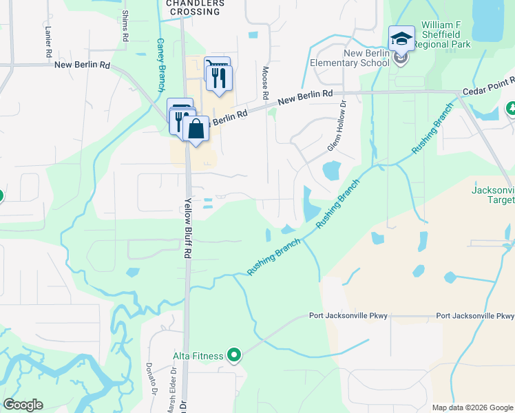 map of restaurants, bars, coffee shops, grocery stores, and more near 12240 Shadow Creek Court in Jacksonville