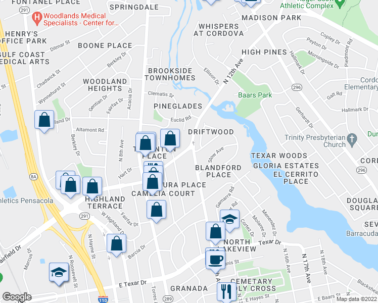 map of restaurants, bars, coffee shops, grocery stores, and more near 3829 North 12th Avenue in Pensacola