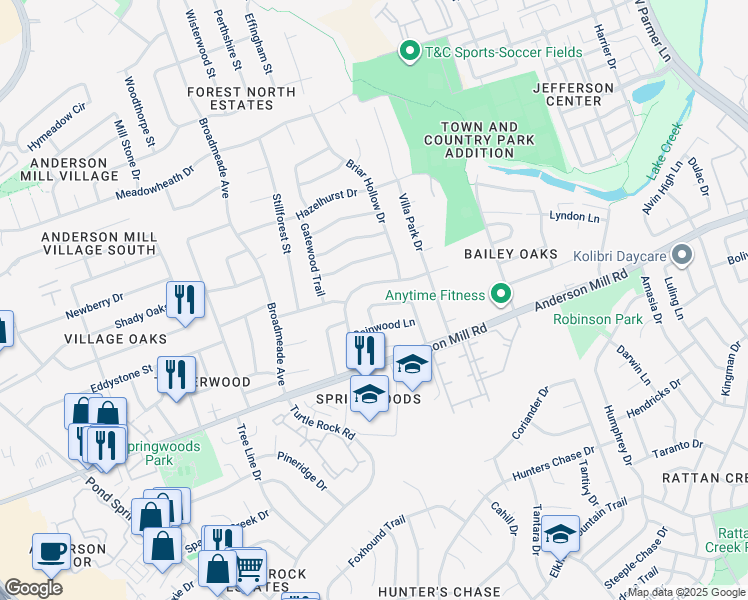 map of restaurants, bars, coffee shops, grocery stores, and more near 8902 Black Oak Street in Austin