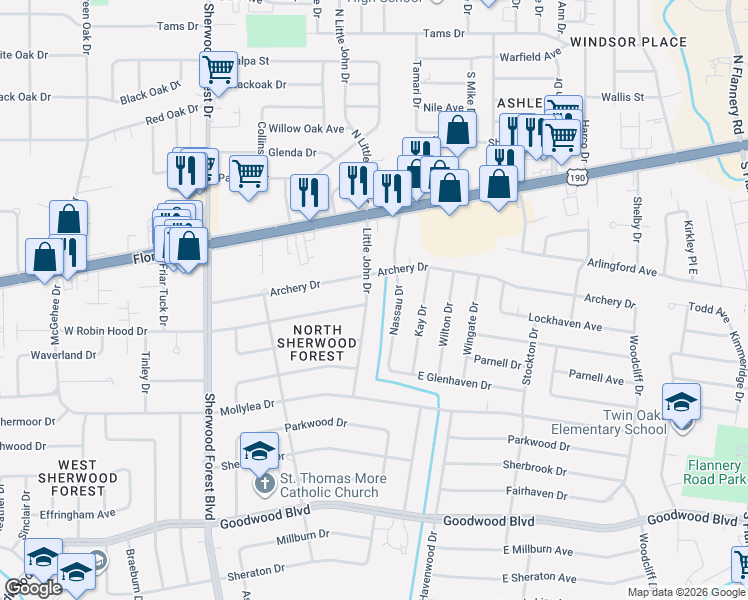 map of restaurants, bars, coffee shops, grocery stores, and more near 323 Little John Drive in Baton Rouge