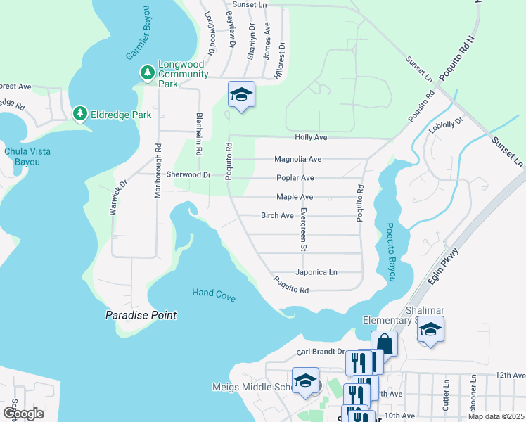 map of restaurants, bars, coffee shops, grocery stores, and more near 11 Birch Avenue in Shalimar