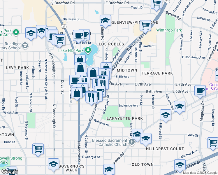map of restaurants, bars, coffee shops, grocery stores, and more near 414 East 7th Avenue in Tallahassee