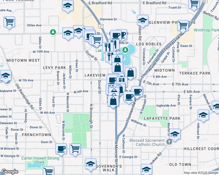 map of restaurants, bars, coffee shops, grocery stores, and more near 1328 North Adams Street in Tallahassee