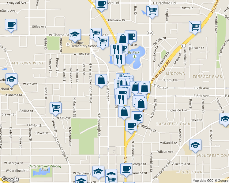 map of restaurants, bars, coffee shops, grocery stores, and more near 1328 North Adams Street in Tallahassee