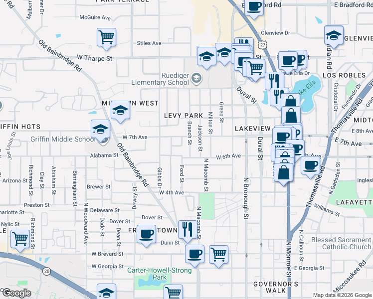 map of restaurants, bars, coffee shops, grocery stores, and more near 1338 Branch Street in Tallahassee