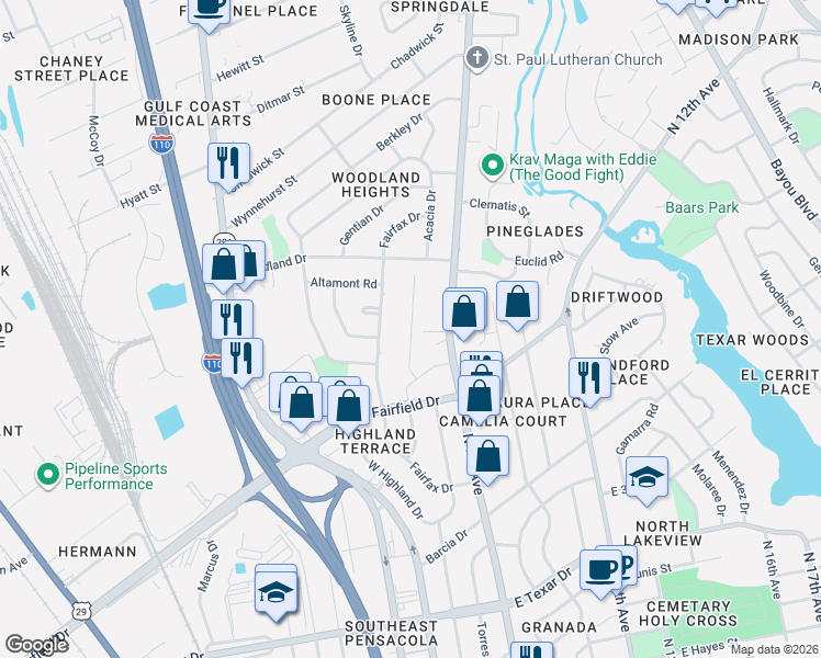 map of restaurants, bars, coffee shops, grocery stores, and more near 4034 North 8th Avenue in Pensacola