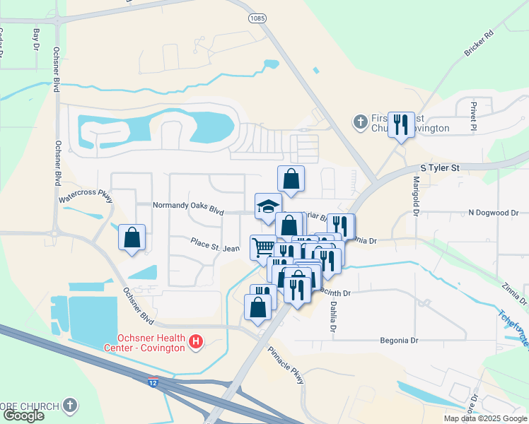 map of restaurants, bars, coffee shops, grocery stores, and more near 220 Greenbrier Boulevard in Covington