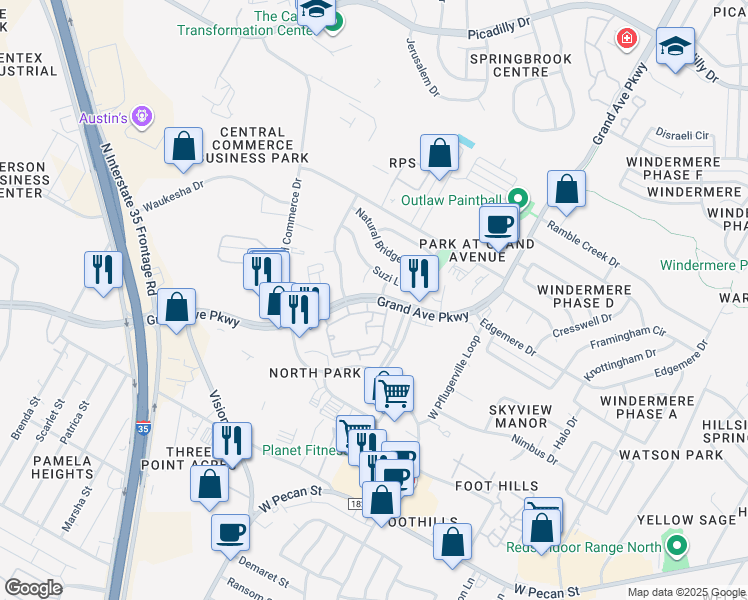 map of restaurants, bars, coffee shops, grocery stores, and more near 1525 Grand Avenue Parkway in Pflugerville