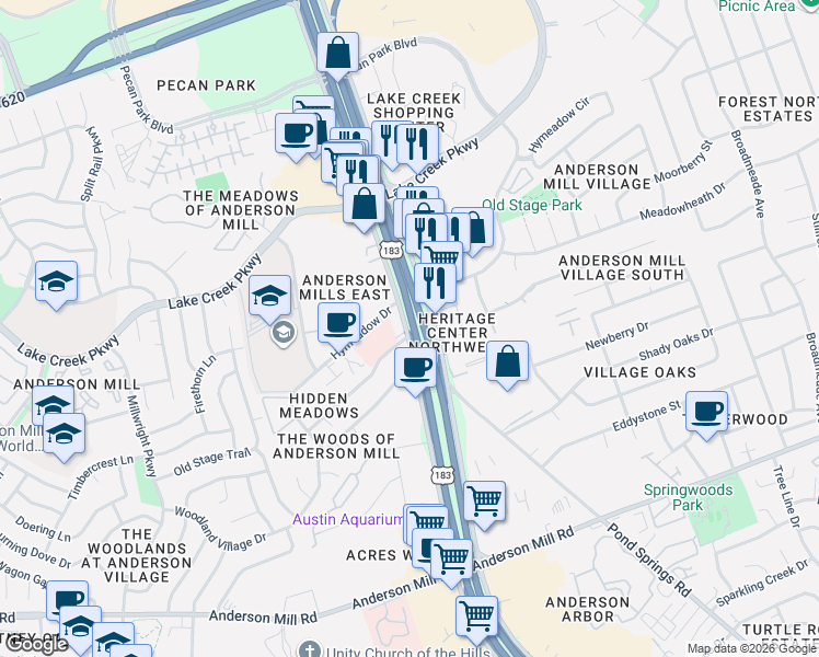 map of restaurants, bars, coffee shops, grocery stores, and more near 13700 Research Boulevard in Austin