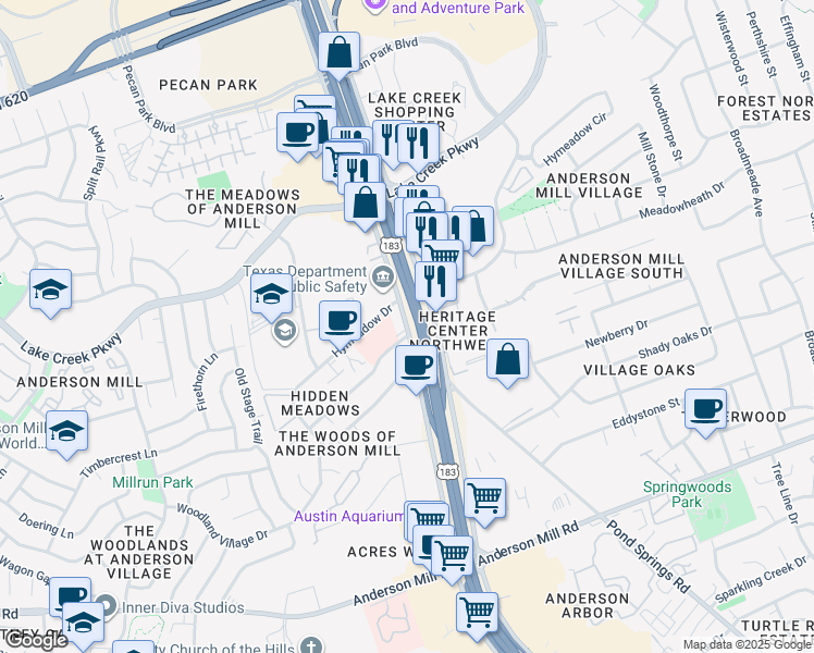 map of restaurants, bars, coffee shops, grocery stores, and more near 13700 Research Boulevard in Austin