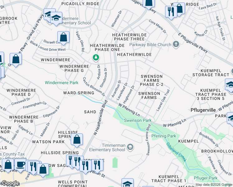 map of restaurants, bars, coffee shops, grocery stores, and more near 1110 Laurelleaf Drive in Pflugerville