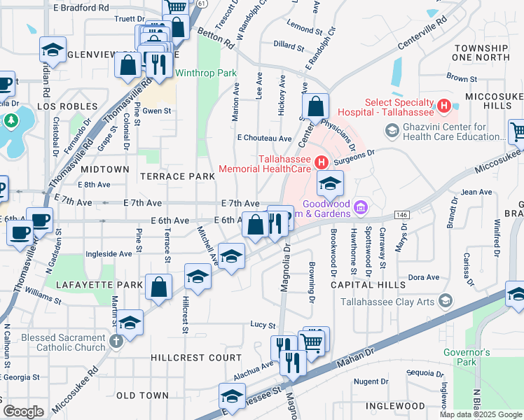 map of restaurants, bars, coffee shops, grocery stores, and more near 1215 Lee Avenue in Tallahassee