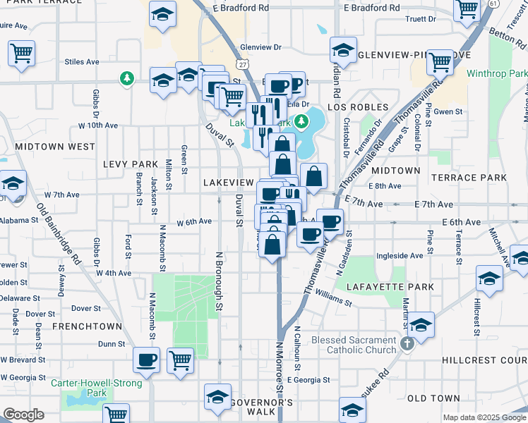map of restaurants, bars, coffee shops, grocery stores, and more near 1328 North Adams Street in Tallahassee
