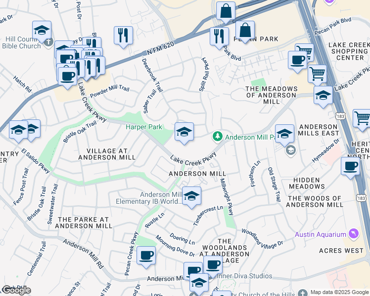 map of restaurants, bars, coffee shops, grocery stores, and more near 10805 School House Lane in Austin