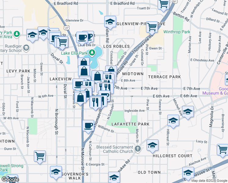 map of restaurants, bars, coffee shops, grocery stores, and more near 414 East 7th Avenue in Tallahassee