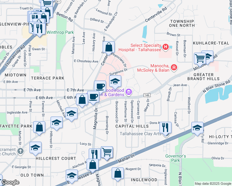 map of restaurants, bars, coffee shops, grocery stores, and more near 1500 Miccosukee Road in Tallahassee