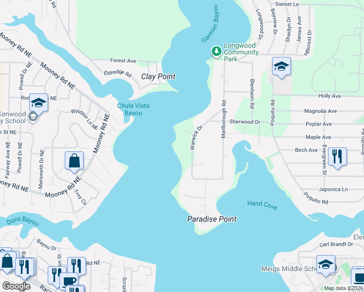 map of restaurants, bars, coffee shops, grocery stores, and more near 31 Warwick Drive in Shalimar