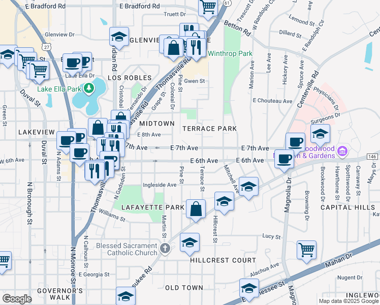 map of restaurants, bars, coffee shops, grocery stores, and more near 1335 Colonial Drive in Tallahassee