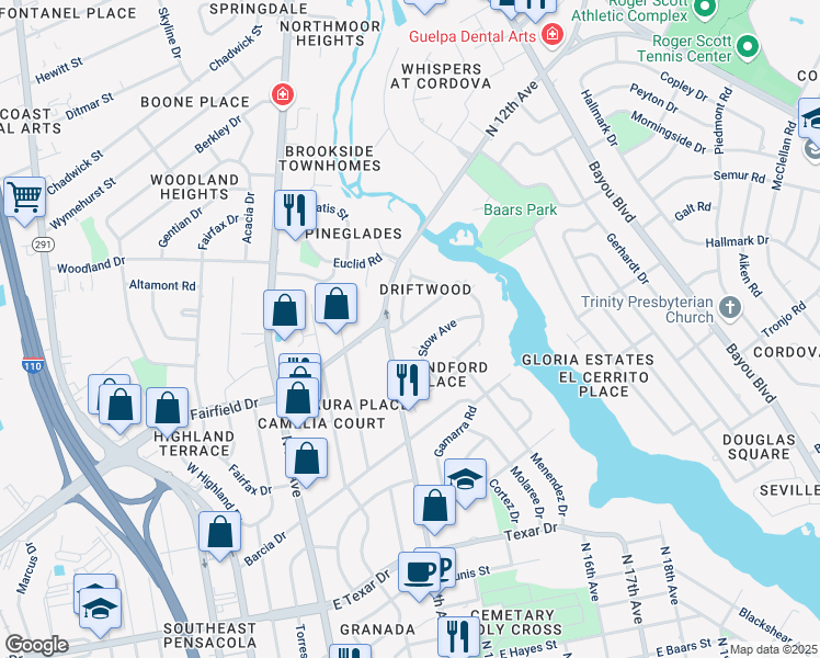 map of restaurants, bars, coffee shops, grocery stores, and more near 1221 Driftwood Drive in Pensacola