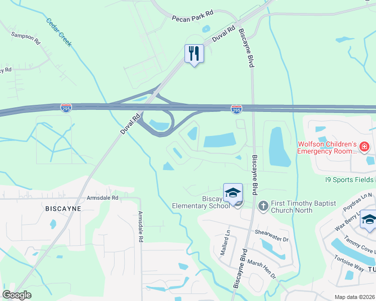 map of restaurants, bars, coffee shops, grocery stores, and more near 1645 Biscayne Bay Circle in Jacksonville