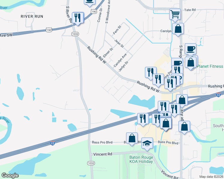 map of restaurants, bars, coffee shops, grocery stores, and more near 2515 Dumaine Drive in Denham Springs