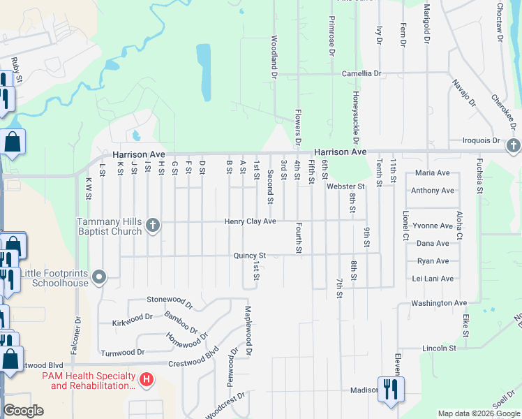 map of restaurants, bars, coffee shops, grocery stores, and more near 70434 1st Street in Covington