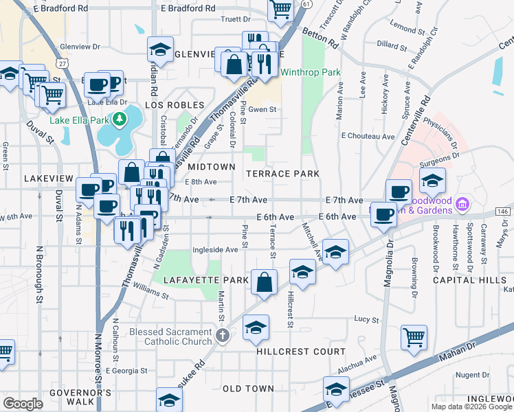 map of restaurants, bars, coffee shops, grocery stores, and more near 1335 Colonial Drive in Tallahassee