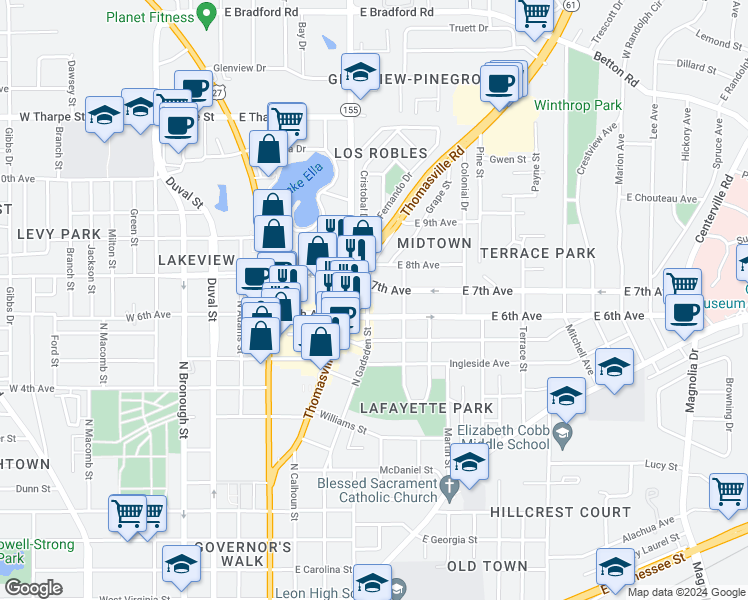 map of restaurants, bars, coffee shops, grocery stores, and more near 414 East 7th Avenue in Tallahassee