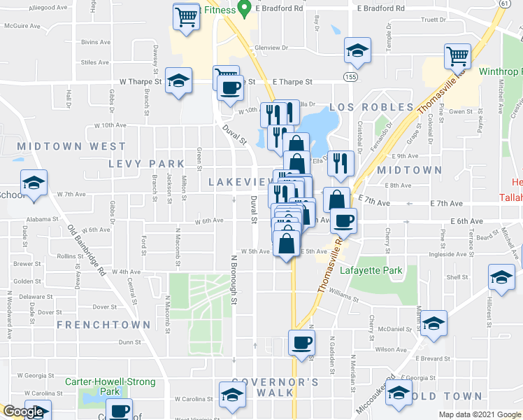 map of restaurants, bars, coffee shops, grocery stores, and more near 1328 North Adams Street in Tallahassee