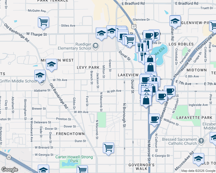 map of restaurants, bars, coffee shops, grocery stores, and more near 423 West 7th Avenue in Tallahassee