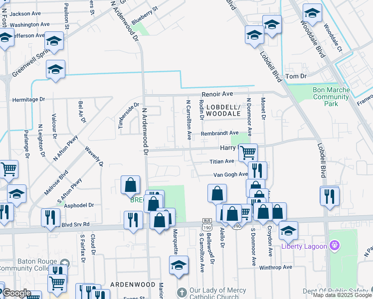 map of restaurants, bars, coffee shops, grocery stores, and more near 6537 Harry Drive in Baton Rouge