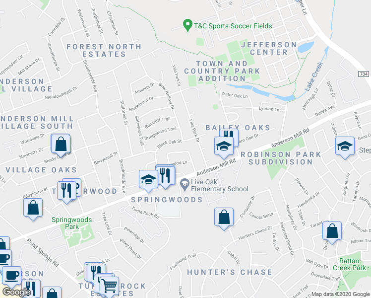 map of restaurants, bars, coffee shops, grocery stores, and more near 8809 Black Oak Street in Austin