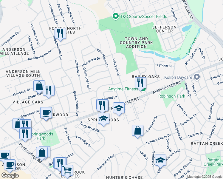 map of restaurants, bars, coffee shops, grocery stores, and more near 8809 Black Oak Street in Austin