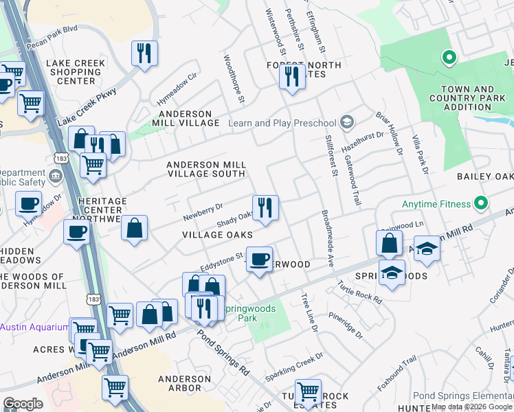 map of restaurants, bars, coffee shops, grocery stores, and more near 9404 Newberry Drive in Austin