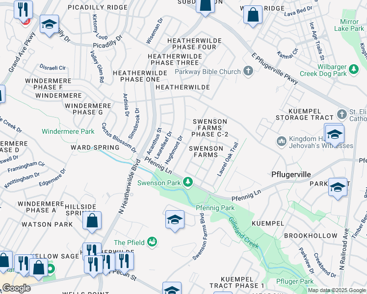 map of restaurants, bars, coffee shops, grocery stores, and more near 1112 Gazania Drive in Pflugerville