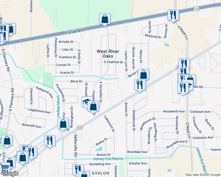 map of restaurants, bars, coffee shops, grocery stores, and more near 15023 Rimrock Court in Baton Rouge