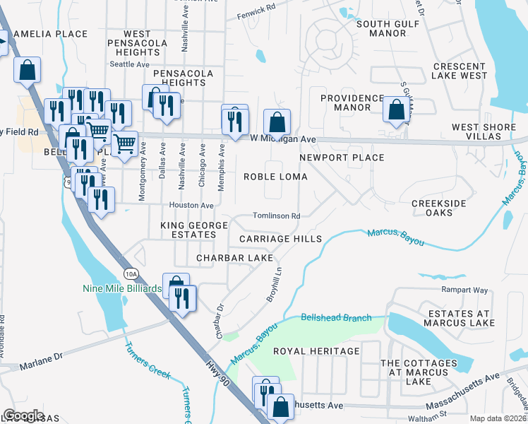 map of restaurants, bars, coffee shops, grocery stores, and more near 2008 Tomlinson Road in Pensacola