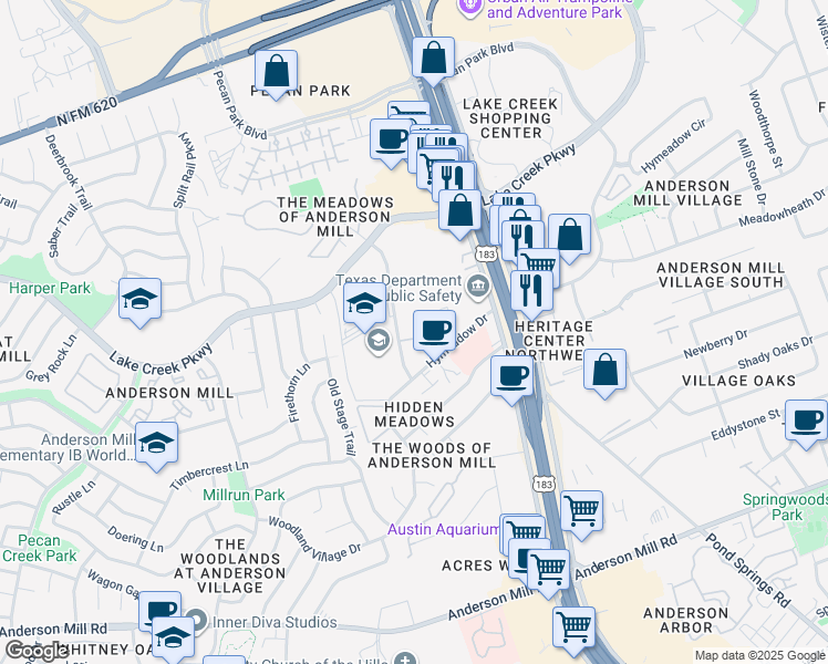 map of restaurants, bars, coffee shops, grocery stores, and more near 6485 Mellow Meadow Drive in Austin