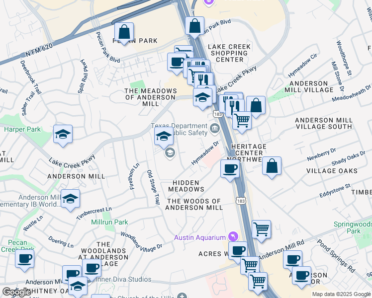 map of restaurants, bars, coffee shops, grocery stores, and more near 12403 Mellow Meadow Drive in Austin