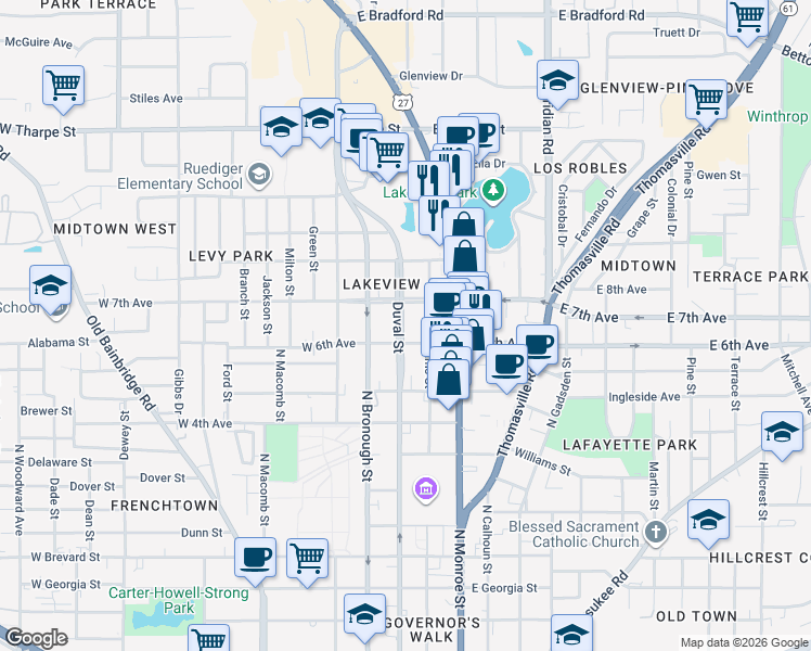 map of restaurants, bars, coffee shops, grocery stores, and more near 1317 North Duval Street in Tallahassee