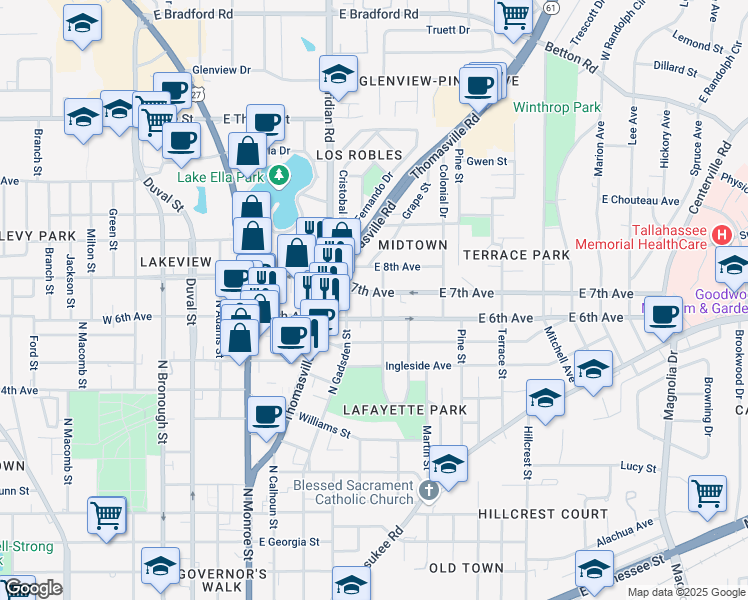 map of restaurants, bars, coffee shops, grocery stores, and more near 414 East 7th Avenue in Tallahassee