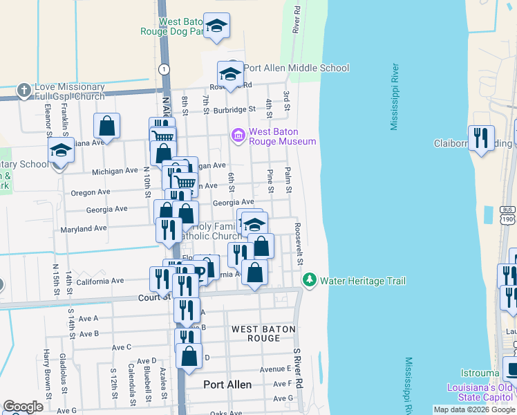 map of restaurants, bars, coffee shops, grocery stores, and more near 536 North Jefferson Avenue in Port Allen